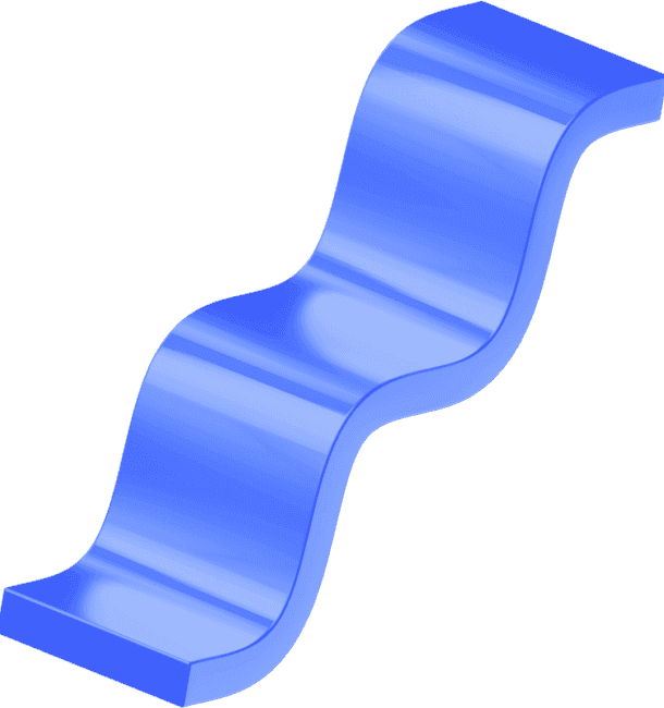 Futuristic glass iconography of an extruded wiggly line, representing scalability